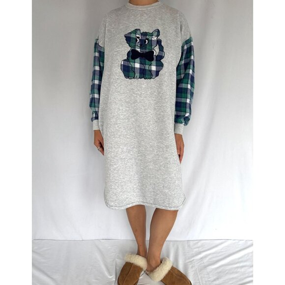90s vintage plaid flannel cute kitten cat long sleeved pajama fleece sleep dress - Picture 3 of 10